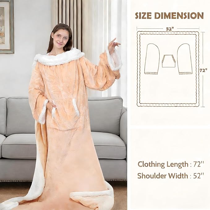 Wearable Heated Blanket with Foot Pocket, 52"x72" Electric Blanket with Sleeves for 12 Hours Timer, 6 Heat Settings, Flannel & Sherpa, Beige