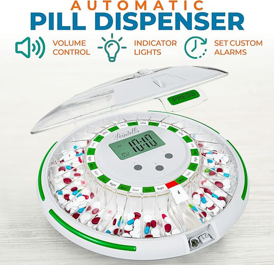 Automatic Pill Dispenser with Sound Alarm for Timed Medicine Organizer - 28 Day Pill Dispenser Machine for Elderly with Alarm, Sound, Light - Timed Medication Dispenser Organizers