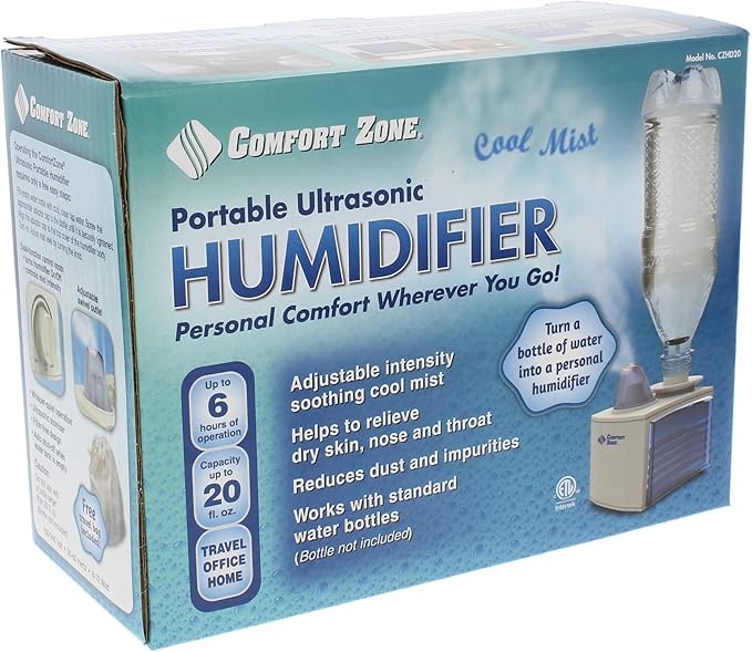 Comfort Zone Ultrasonic Turn Bottle into into Personal Portable Humidifier - 6 Hour Operation - Whisper Quiet, Travel, White