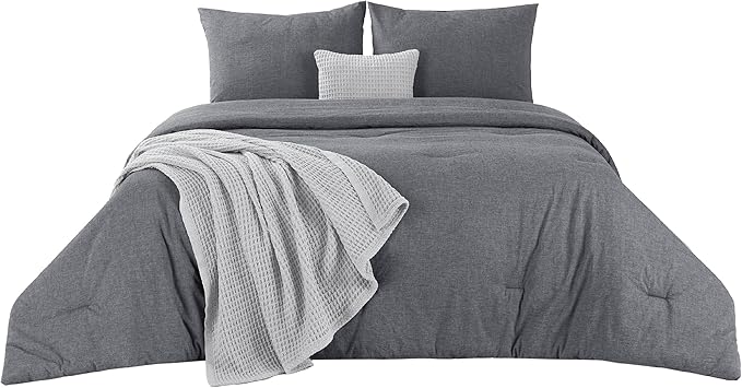 Bedsure 5 PCS Cotton Comforter Set with Waffle Throw Blanket - Soft Breathable Bedding Set for All Seasons, Dark Grey Comforter Full Size, Pillow Shams, Grey 100% Cotton Blanket, Throw Pillow