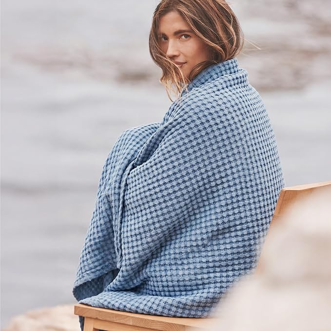Bedsure Cooling Cotton Waffle Queen Size Blanket - Lightweight Breathable Summer Blanket of Rayon Derived from Bamboo for Hot Sleepers, Luxury Throws for Bed, Couch and Sofa, Dusty Blue, 90x90 Inches