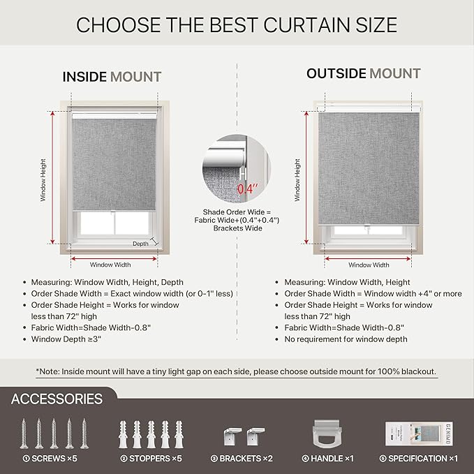GENIMO 100% Blackout Roller Window Shades, Window Blinds Cordless with Thermal Insulated, UV Protection Fabric, Mini French Door Blinds for Home, Office, Bedroom, Easy to Install, Grey, 26" W X 72" H