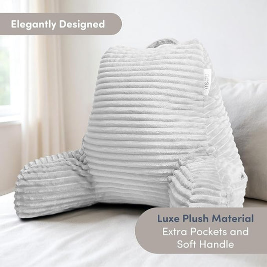 Nestl Reading Pillow with Shredded Memory Foam, Luxe Cut Plush Back Pillow for Sitting Up in Bed, Back and Arms Adjustable Support for Adult & Teens, Backrest Pillows with Washable Cover White
