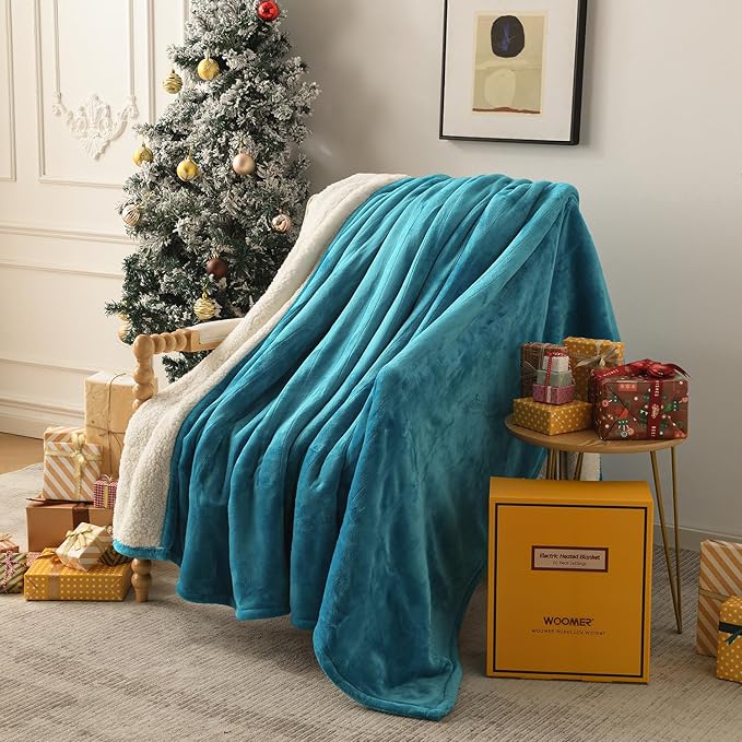 WOOMER Electric Heated Blanket Twin Size, Soft Flannel Fast Heating Blanket, Teal Color, 62"x 84", 10 Heating Levels & 0.5-12H Auto Off, Over-Heat Protection