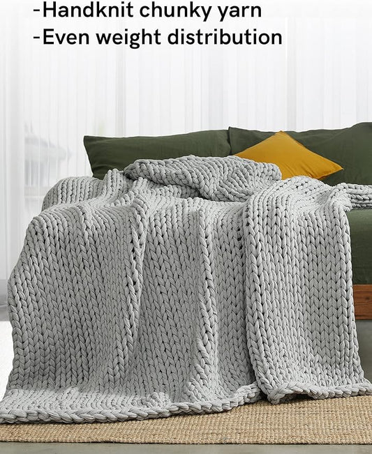 YnM 100% Cotton Weighted Blanket, Handmade Chunky Knitted Throw, No fillers Design, Soft and Breathable, Machine Washable Bed Blanket for Sleep or Home Decor (Lighte Grey, 80x84 Inch, 35lbs)