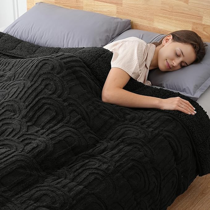 Sherpa Fleece Adult Weighted Blanket Great for Sleep, 15 lbs Dual Sided Soft Fuzzy Heavy Blankets for Couch Bed Sofa, Cozy Warm Fluffy Arched Jacquard Throw for Winter (Black, 60" x 80", 15 Pounds)