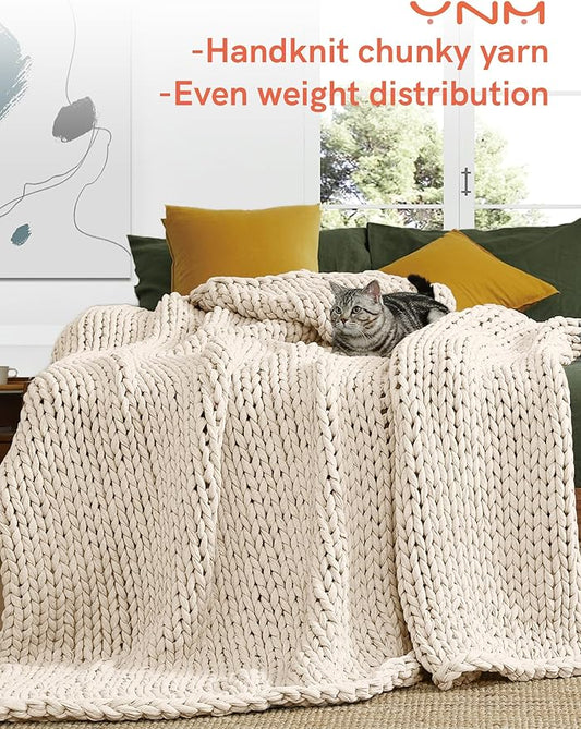 YnM Cotton Weighted Blanket, Handmade Chunky Knitted Design, Soft and Cozy, Temperature Regulating and Breathable, Machine Washable Throw for Sleep or Home Decor (Cream White, 50x60 Inch, 15lbs)