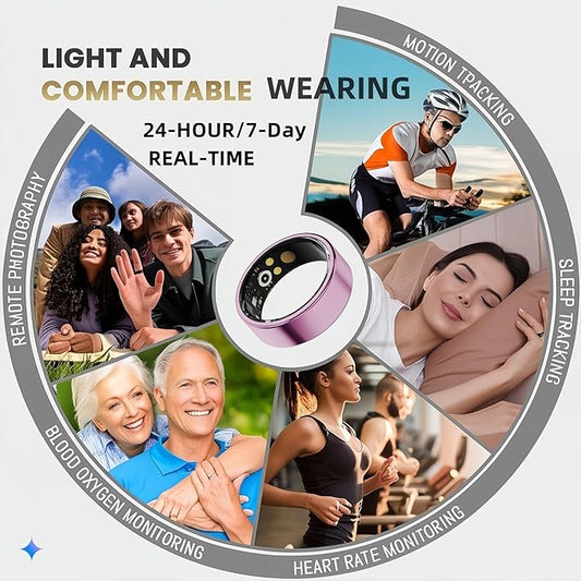 Smart Ring for Women Men, Health Fitness Tracker Ring, IP68 Waterproof Rings, Sleep Ring with Charging Case and Ring Protector, Remote Photography, Family Care, No App Fees (Rose Gold, 12#)
