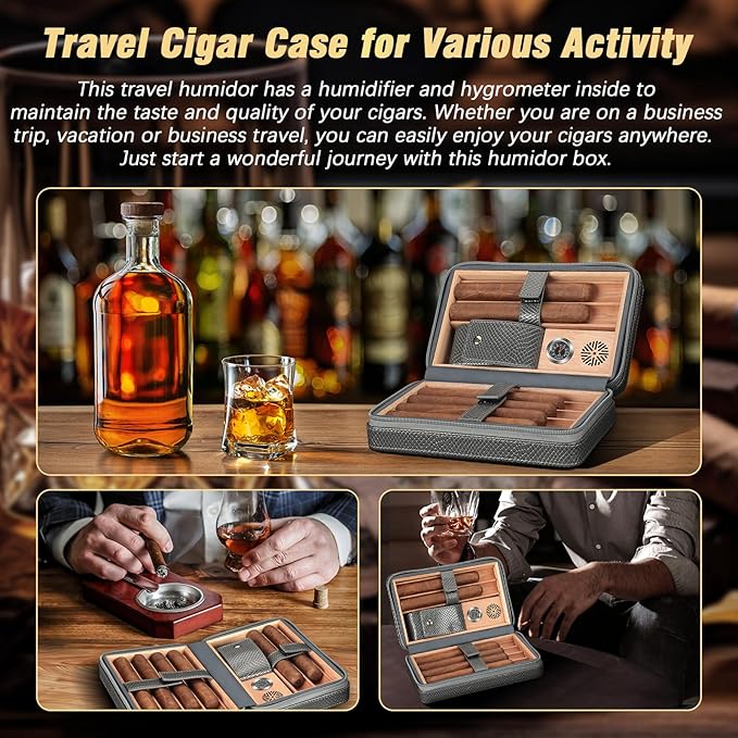 TISFA Cigar Humidor Case Leather Cedar Wood Lined Cigar Box with Cigar Lighter, V Cutter, Holder Stand 3 in 1, Hygrometer Humidifier 2 in 1, Travel Humidor Cigar Case Hold 6 Cigars (Textured Gray)