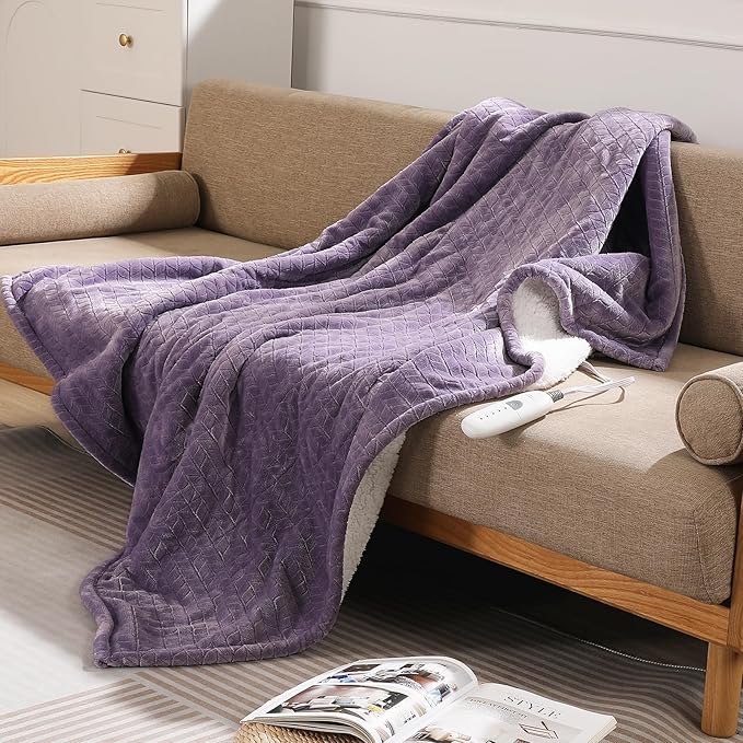 Electric Throw Blanket Heated Throw 50''x60''- Wheat Pattern Flannel & Sherpa Heated Lap Blanket with 5 Heat Settings & 4-Hour Auto Shut-Off, ETL & FCC Certified, Machine Washable Home Use, Lavender
