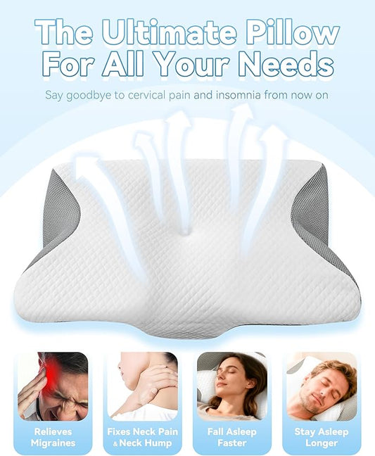 Cervical Pillow, Ergonomic Cervical Memory Foam Pillows, Neck Support Orthopedic Contour Pillows for Side Back Stomach Sleepers (Gray)