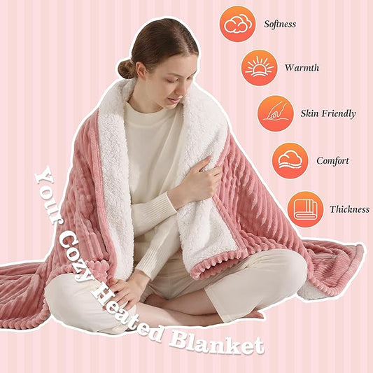 Pink Heated Blanket Twin Size Electric Blanket - 62x84'' Electric Heating Blanket with ETL and FCC Certification, Washable Heated Blanket for Office, Flannel & Sherpa, House Warming Gifts New Home