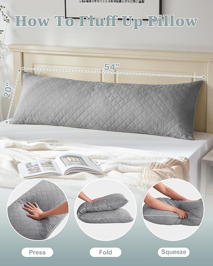 YZ HOME Long Body Pillow for Adults - Firm Body Pillow Insert with Shredded White Memory Foam, Adjustable Height, Soft Support for Side Sleeping, Pregnant Women, Washable (Grey, 20x54 Inch)