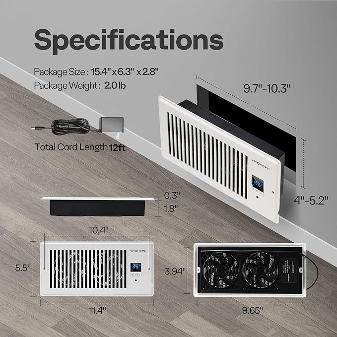 VIVOHOME 4"x10" Opening Smart Vent Register Booster Fan with Intelligent Thermostat & 10-Speed Remote Control - 11.4" x 5.5ββ Vent Cover for Room, Floor, Wall - White