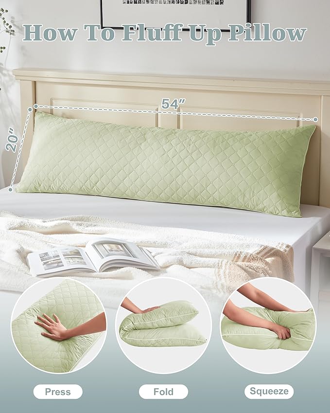 YZ HOME Long Body Pillow for Adults - Firm Body Pillow Insert with Shredded White Memory Foam, Adjustable Height, Soft Support for Side Sleeping, Pregnant Women, Washable (Green, 20x54 Inch)