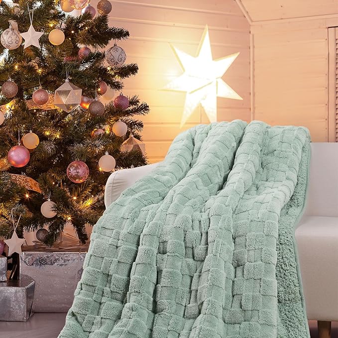Drewin Adult Weighted Blankets 20lbs, Cozy Fluffy Jacquard Checkered Sherpa Weighted Blankets Queen Size 60 x 80 inches, Soft Winter Heavy Blanket for Couch Bed, Ceramic Beads, Sage Green