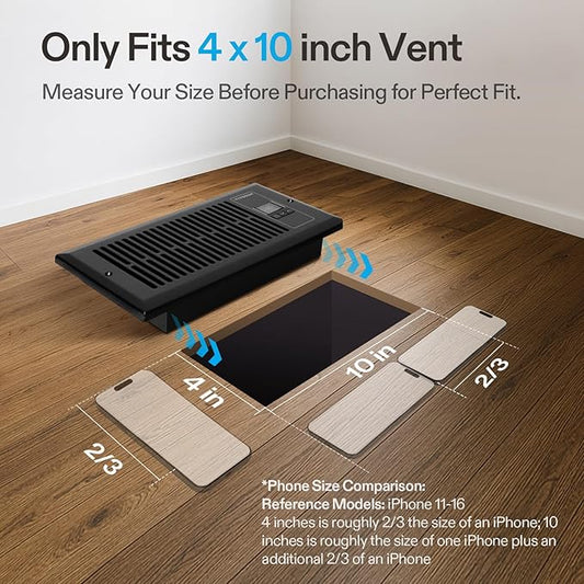VIVOSUN Quiet Register Booster Fan, Smart Register Vent with Thermostat Control, Fits 4”×10” Register Holes, Heating Cooling AC Vent Fan, Black