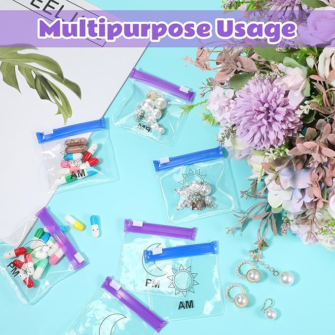 70 Pcs Weekly Pill Pouch Bags Zippered Reusable Medicine Organizer Set Self Sealing Medicine Organizer Travel Plastic Pill Bags with Slide Lock for Small Items Storage(Moon and Sun)