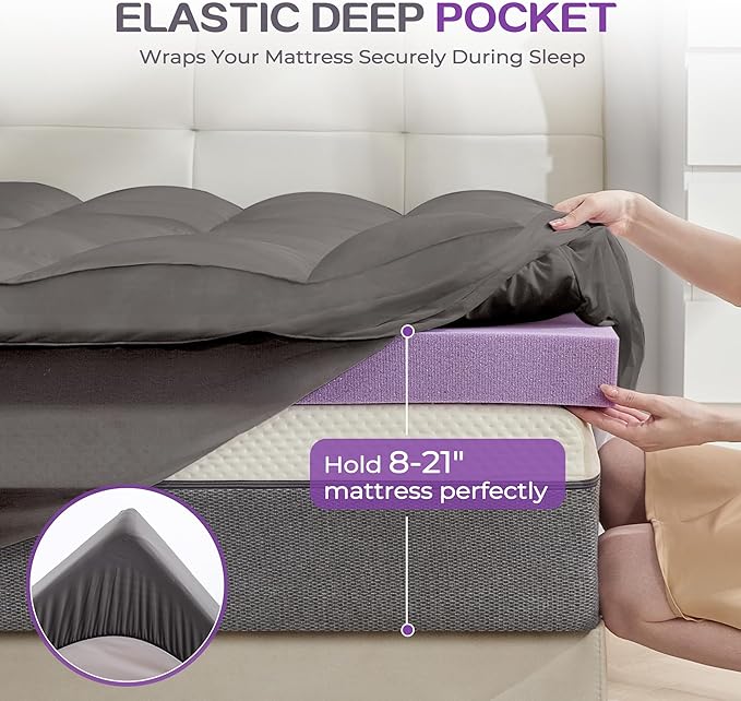SINWEEK Dual Layer 5 Inch Memory Foam Mattress Topper King Size, 3 Inch Gel Memory Foam Plus 2 Inch 1450 GSM Down Alternative Quilted Pillow Top Mattress Pad Cover, Dark Gray