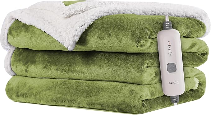 Electric Heated Blanket 72"x84" Full Size Flannel & Sherpa - 4 Heat Settings & 10H Auto Shut Off for Safe Overnight Use, Fast Heating, Machine Washable for Bed, Couch, Office - Green
