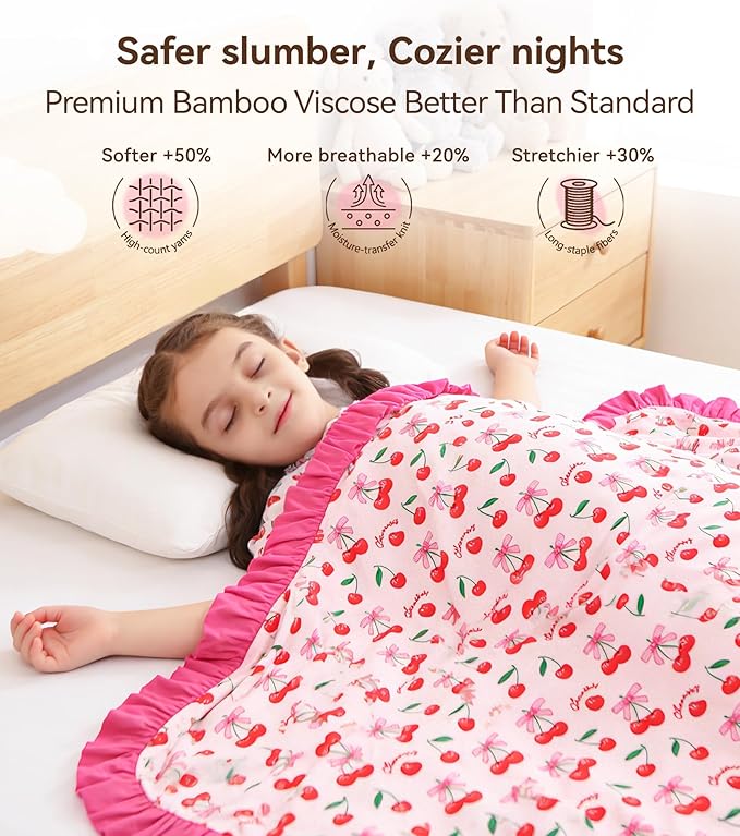 Premium Baby Blankets, Soft Viscose from Bamboo Blanket for Girls, Nursery Crib Bedding Quilt for Newborn and Toddler, Ruffle Blanket Cooling for Hot Sleepers, 50''x50'' Sweet Cherries