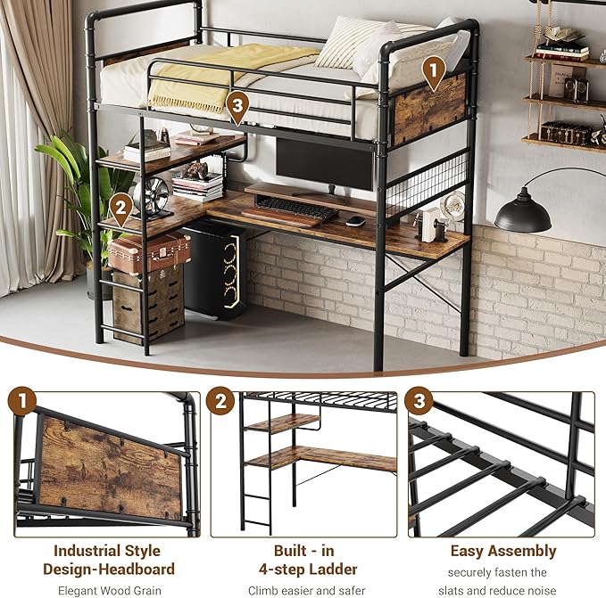 GarveeHome Loft Bunk Bed with L-Shaped Desk, Twin Loft Bed with Desk Underneath, Metal Bunk Beds with High Guardrail and Ladder for Kids/Teens/Adults, Easy Assembly, Vintage Brown
