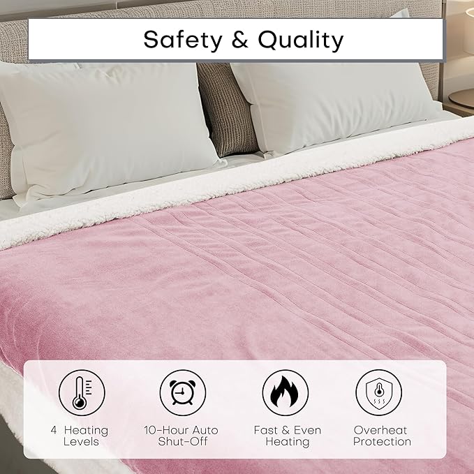 Electric Heated Blanket Throw Size 50"x60" - Dual-Sided with Microplush & Sherpa Fabric, 4 Heat Settings & 3 Hours Auto Off, Machine Washable - Pale Pink