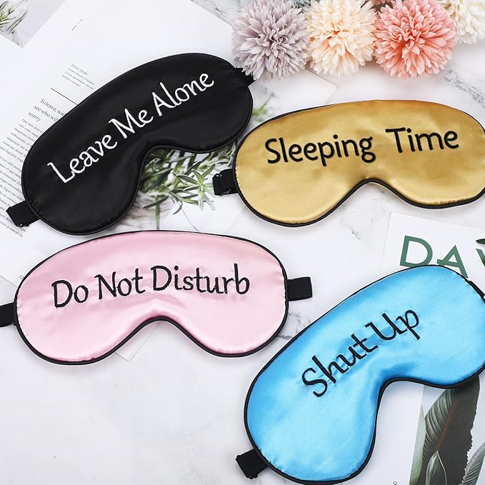 Geyoga 4 Pieces Funny Eye Mask for Sleep Soft Satin Eye Mask Blackout Blindfold with Adjustable Strap Silk Cover Out Lights for Women Men Travel, Nap, Meditation (Black, Light Blue, Pink, Gold)