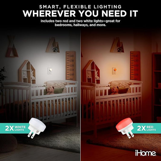 iHome Plug-in LED Night Lights 4-Pack, Dusk-to-Dawn Sensor, 3000K Warm Glow, Energy Saving, Great for Bedrooms, Hallways, Closets, Stairs, Kids’ Rooms (4-Pack (2 White & 2 Red Lights))