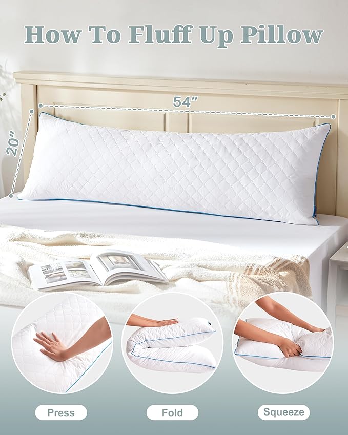 YZ HOME Long Body Pillow for Adults - Firm Body Pillow Insert with Shredded White Memory Foam, Adjustable Height, Soft Support for Side Sleeping, Pregnant Women, Washable (White, 20x54 Inch)