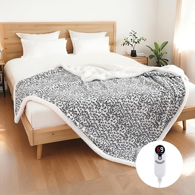 Electric Heated Blanket Full Size 72"x84", Ultra-Soft Plush with Overheat Protection, 9 Adjustable Heat Settings & 10-Hour Auto-Off Timer, Fast Heating for Winter Comfort, Blue White Leopard Print