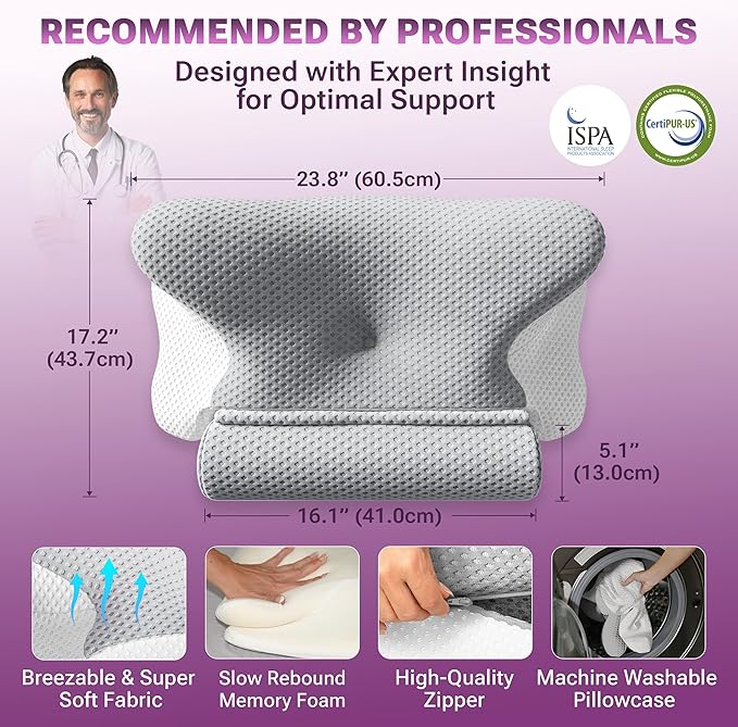 Cervical Neck Pillow for Sleeping, Dreamers Relief Pillow, Side Sleeper Pillow for Adults, Adjustable Height Memory Foam Pillow and Detachable Roll, Back & Stomach Sleeping Neck Pain Relief (Gray)