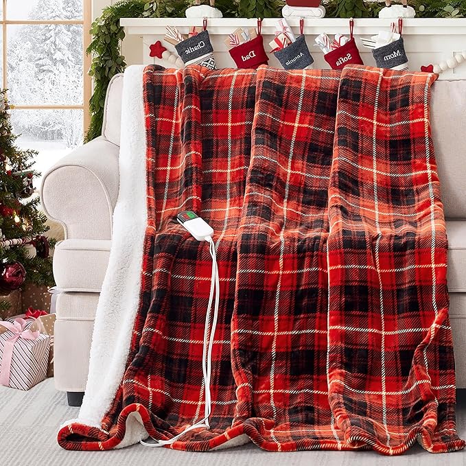 Red Christmas Electric Heated Blanket 84"x90", Fast Heating Queen with 8 Hours Auto Off/8 Heats Levels, Soft Plaid Sherpa with ETL Certification, Gift for Women Adults Keep Warm in Home Office
