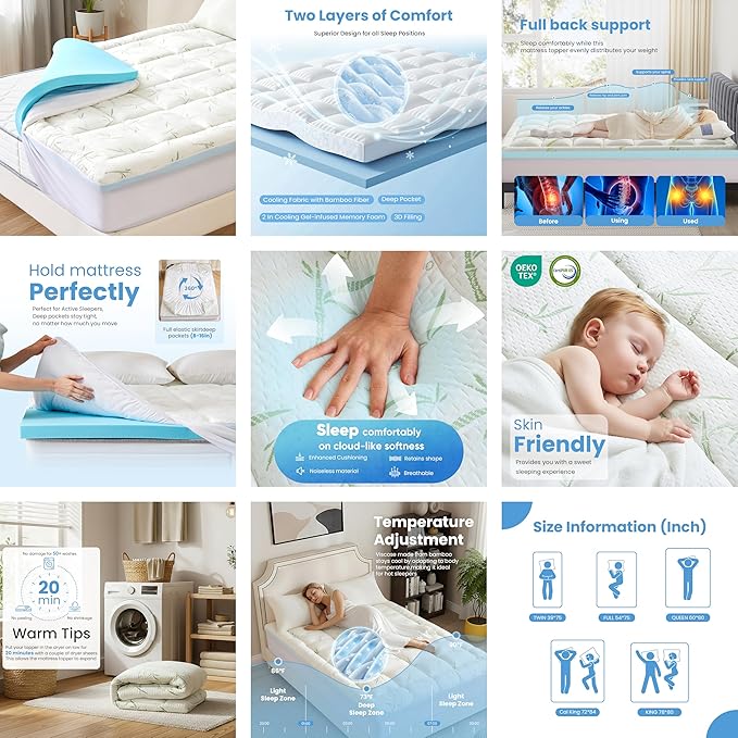 Sweetcrispy Dual Layer Full Memory Foam Mattress Topper, 2 Inch Gel Memory Foam Plus 1 Inch Down Alternative Pillowtop Mattress Pad Cover, Cooling Bed Topper for Pressure Relief