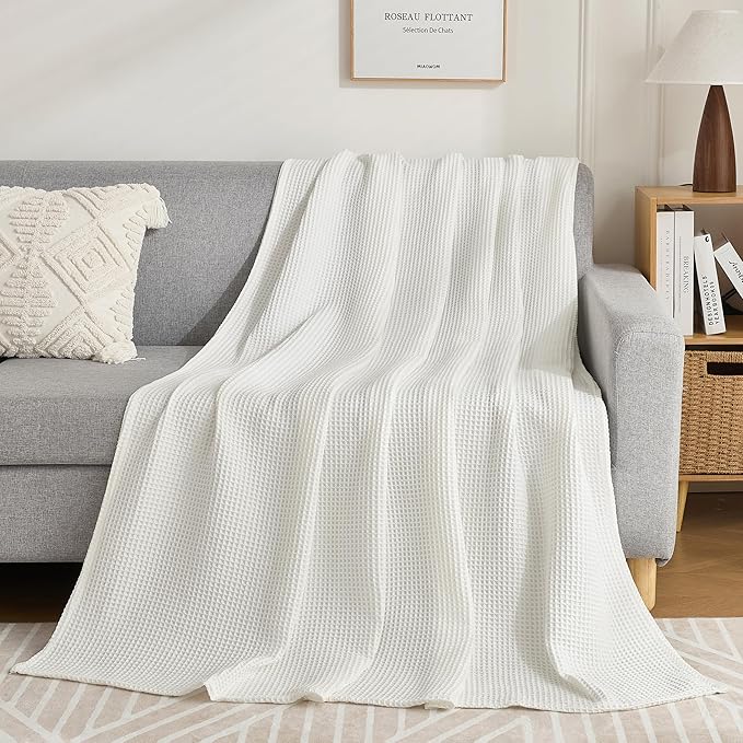 Chlophy Waffle Weave Throw Blanket Twin Cotton Bamboo Cooling Throw Cozy Lightweight Breathable Knit Decorative for Couch, Sofa, Bed, Living Room, White, 60"x80"