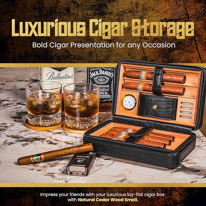 Cigar Humidor Case, Leather Cedar Wood Cigar Box with Built in Hygrometer and Humidifier, 3 in 1 Cigar Torch Lighter, V Cut and Punch Cutter, Portable Cigar Travel Humidor Kit for Men (Black)