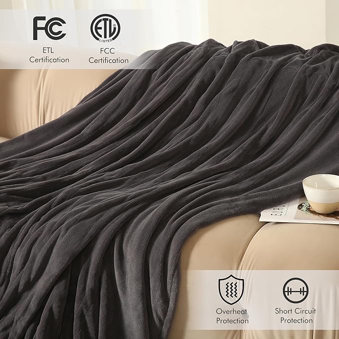 ESTINGO Electric Blanket Full Size - 72"x84" Cozy Coral Fleece Full Size Heated Blanket with Overheat Protection, Fast Heating Blanket with 6 Heating Levels & 1-10 Hours Adjustable Timer, Dark Gray