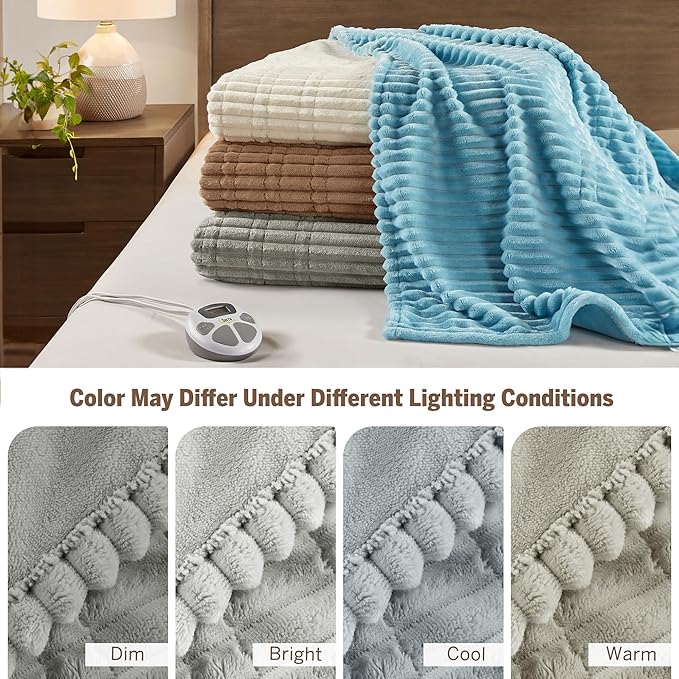 Serta Electric Blanket, Soft, Ribbed, Plush Heating Blanket Twin for Office, Couch, 1-12 hr Auto Shut Off Timer, 10 Lv Heating, ETL Certified, Twin 62"x84" Mineral Grey