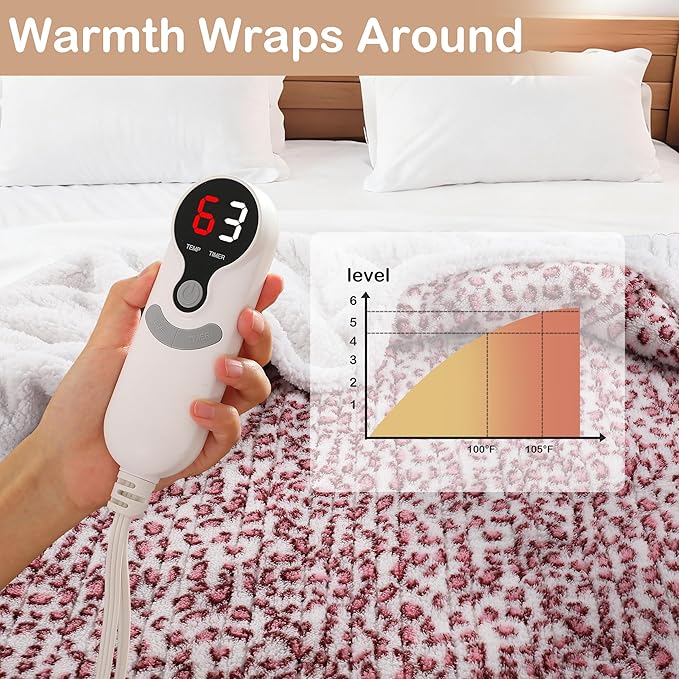 Electric Heated Blanket Full Size 72"×84" with 9 Heating Levels & 1-10Hs Auto Off, Plush Sherpa, Energy Efficient, Machine Washable, for Couch & Bed, Leopard Print Pink & White