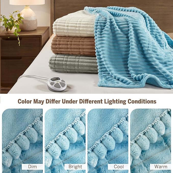 Serta Electric Blanket, Soft, Ribbed, Plush Heating Blanket Twin for Office, Couch, 1-12 hr Auto Shut Off Timer, 10 Lv Heating, ETL Certified, Twin 62"x84" Sky Blue