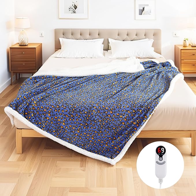 Electric Heated Blanket Full Size 72"x84", Ultra-Soft Plush with Overheat Protection, 9 Adjustable Heat Settings & 10-Hour Auto-Off Timer, Fast Heating for Winter Comfort, Blue Yellow Leopard Print