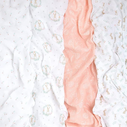 aden + anais Essentials Muslin Swaddle Blankets for Baby Girls and Boys, Newborn Receiving Blanket for Swaddling, 100% Cotton Baby Swaddle Wrap, 4 Pack, Blushing Bunnies