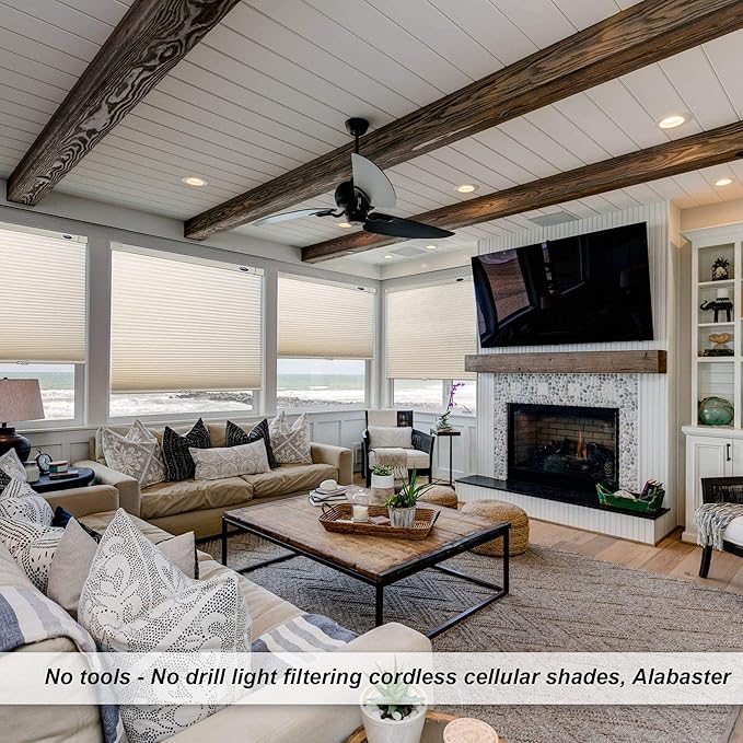 LazBlinds Cordless Cellular Shades, No Tools No Drill Light Filtering Honeycomb Shades Pleated Blinds for Windows, 20'' W x 64'' H, Alabaster