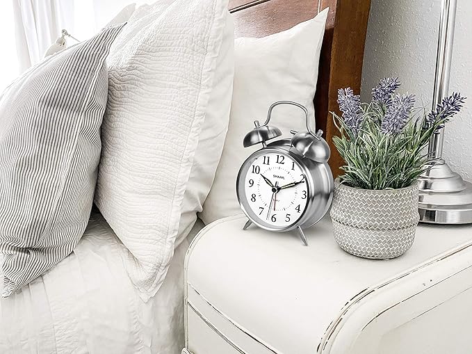 Sharp Twin Bell Alarm Clock - Loud Alarm - Great for Heavy Sleepers - Battery Operated Quartz Analog Clock (Brushed Silver)