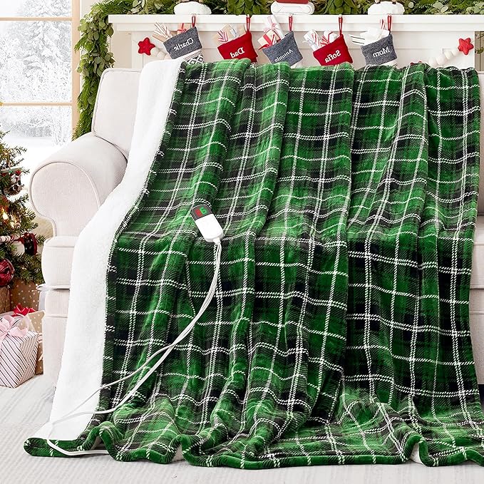 Green Christmas Electric Heated Blanket 50"x60", Fast Heated Throw with 8 Hours Auto Off/8 Heats Levels, Soft Plaid Sherpa with ETL Certification, Gift for Women Adults Keep Warm in Home Office
