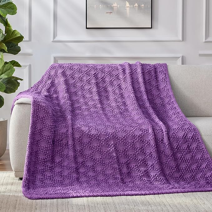 Knitted Weighted Blanket for Adult, Chunky Knit Weighted Throw for Sleep 60"*80" 20lbs, Cooling Breathable Machine Washable Heavy Blanket for Room Decor (Purple, Queen)