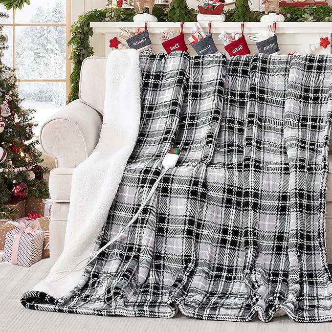 Electric Heated Blanket 62"x84",Fast Heating Twin with 8 Hours Auto Off/8 Heats Levels,Soft Grey Plaid Sherpa Electric Blanket with ETL Certification & Over-Heat Protection