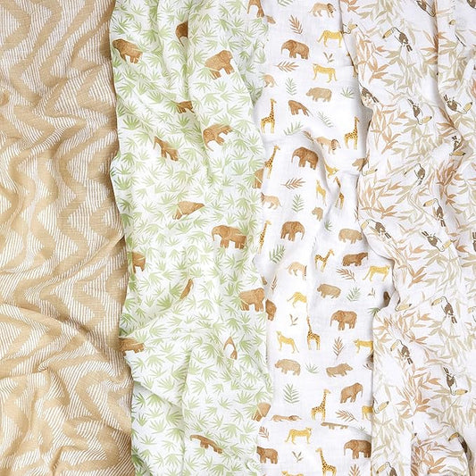 aden + anais Essentials Muslin Swaddle Blankets for Baby Girls and Boys, Newborn Receiving Blanket for Swaddling, 100% Cotton Baby Swaddle Wrap, 4 Pack, Tanzania