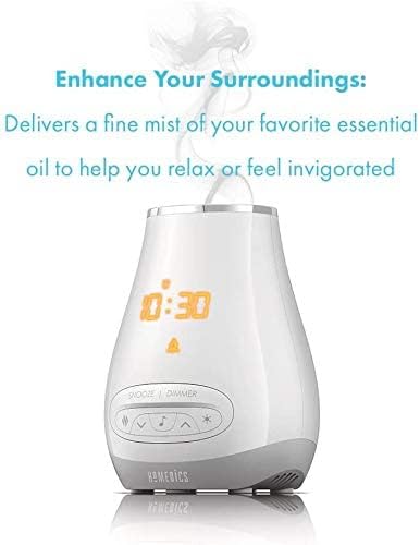 Slumber Scents Alarm Clock, Essential Oil Diffuser & White Noise Machine 6 Soothing Sounds, LED Lights, Auto-Off Timer, Bluetooth Bonus- 3 Essential Oils, Aromatherapy SoundSpa HoMedics