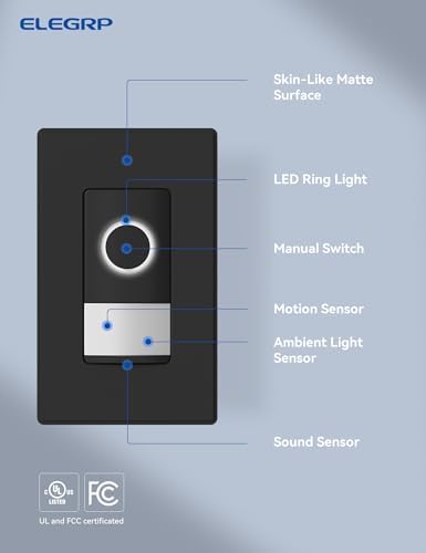 ELEGRP Smart Motion Sensor Switch, 2.4GHz Wi-Fi Single Pole Light Switch Works with Alexa & Google Assistant, APP Remote Control, Neutral Wire Required, UL Certified, No Hub Required (Black, 2 Pack)